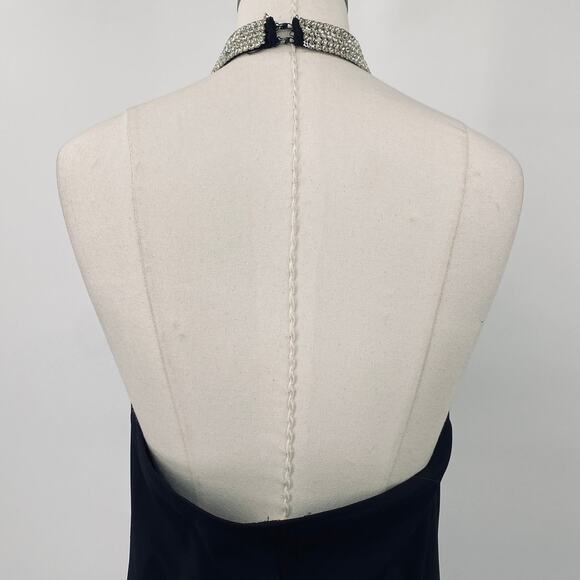 Vintage 90s Jumpsuit Embellished Rhinestone Choker Keyhole Neck Flared Leg Black - Picture 8 of 12